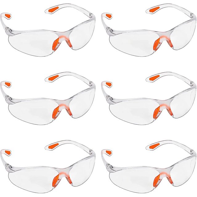 Paquete de 6 gafas de seguridad envolventes con lentes transparentes y agarraderas de goma para la nariz y las orejas para un ajuste seguro: equipo de protección personal con resistencia a l