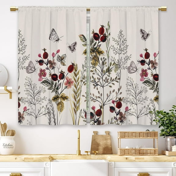 Red Botanical Kitchen Curtains Vintage Flower Floral Retro Leaves Spring Small Short Cafe Window Curtains Country Butterfly Bathroom Drapes Treatment Tier Curtains 2 Panels (27.5x39 Inch)