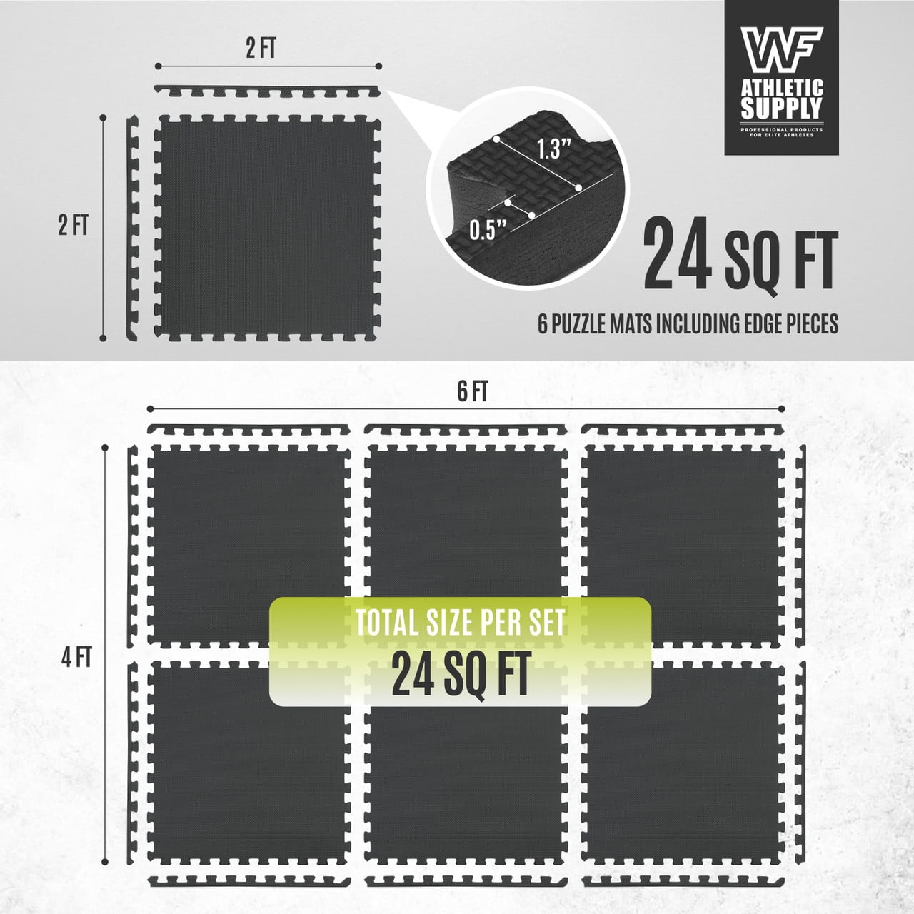 WF Athletic Supply 24 SQ.FT T-Pattern 1/2-Inch Thickness Interlocking Exercise Foam Mats, Extra Thick Eva Foam Flooring Tiles, Gym Fitness Equipment Mat, Home Protective Flooring Cushion, Black