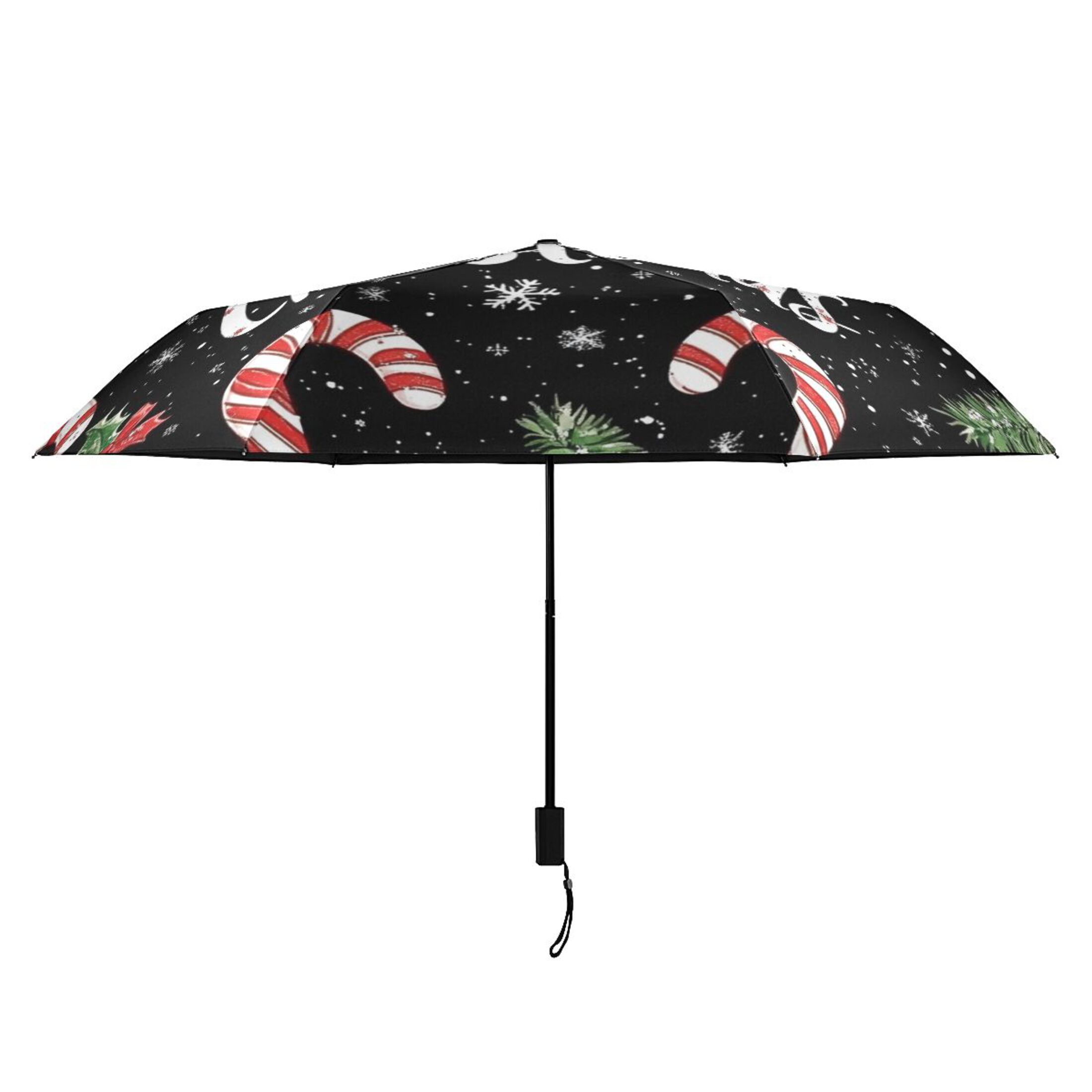 Pine Leaves Candy Canes Christmas Snowflakes All Weather Umbrella Triple Folding Parasol 6 Ribs UV Protection Portable
