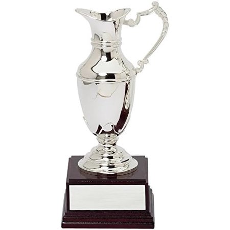 SHOP AWARDS AND GIFTS Customizable 10 Inch Nickel Plated Silver Claret Jug Trophy on a Rosewood Base, Includes Personalization