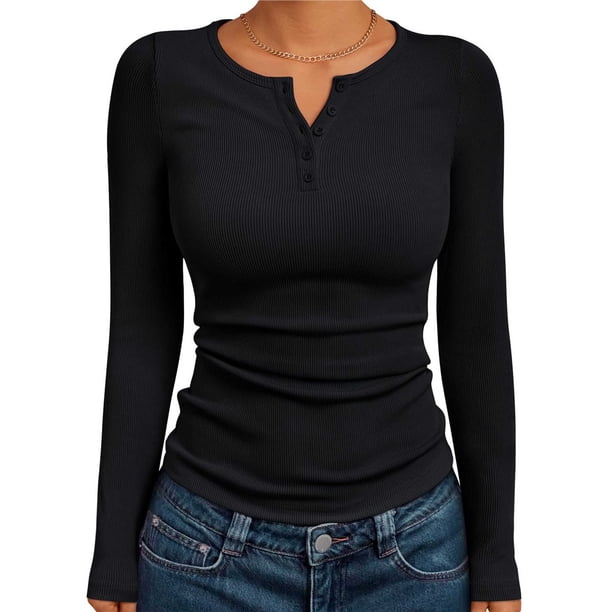 Camisetas de Larga para Mujer, Estilo Henley, Informales, para Otoño Tops Ajustados, Camisetas Básicas de Canalé Negro S