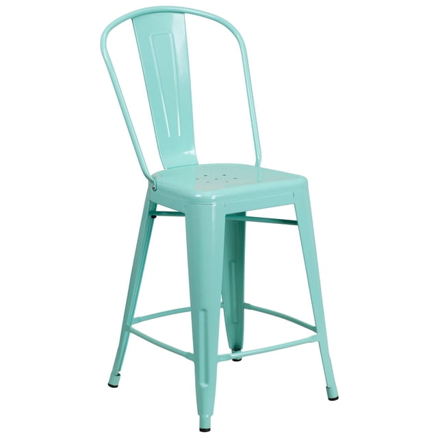 24'' High Crystal Teal-Blue Metal Indoor-Outdoor Counter Height Stool with Back