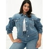 ELOQUII Elements Women's Plus Size Denim Jacket with Embroidered Ruffle Shoulder