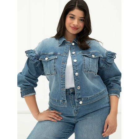 ELOQUII Elements Women's Plus Size Denim Jacket with Embroidered Ruffle Shoulder