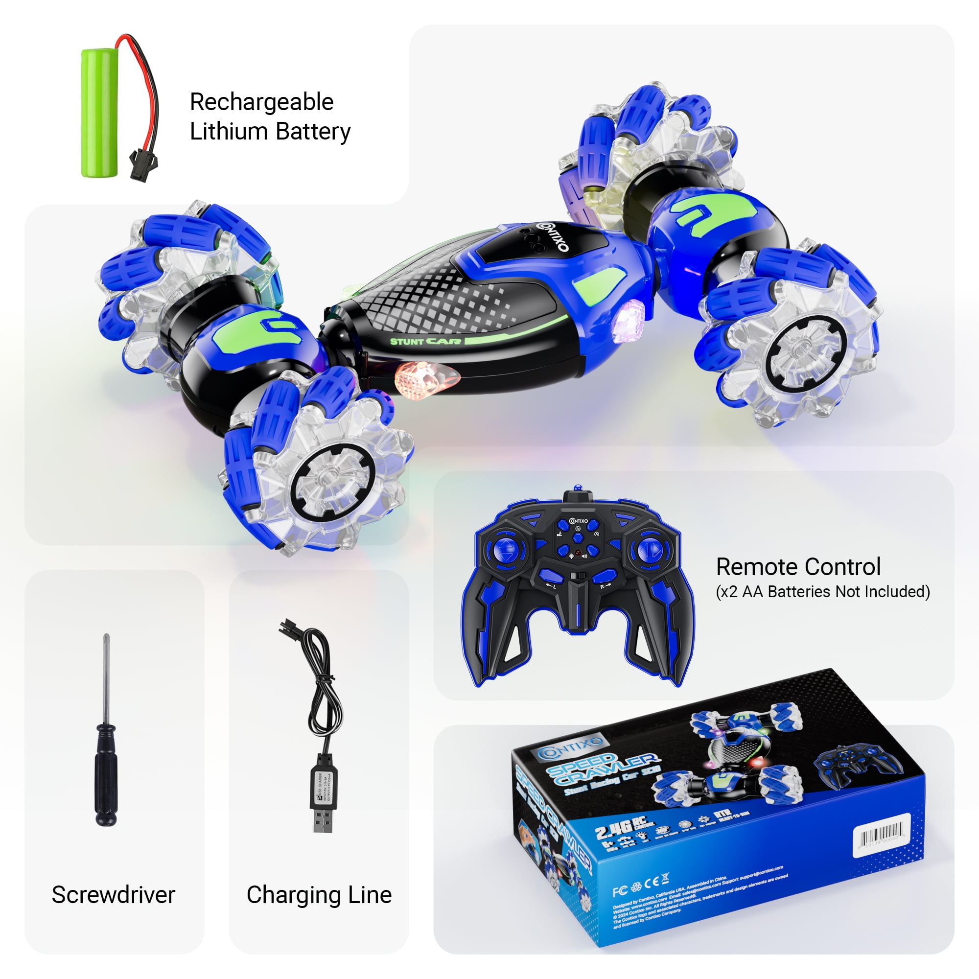 Contixo SC10 Cobra Crawler Stunt Remote Control Cars with 4WD Off-Road Mode and LED Lights, Blue