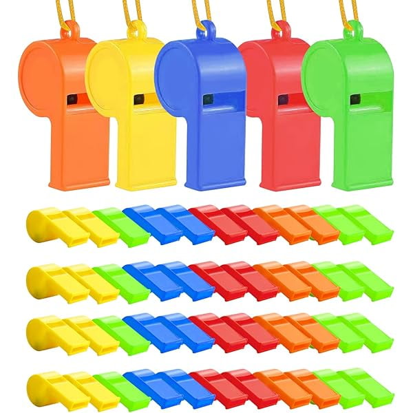 Silbatos deportivos de plástico (Pack 48 uds.), sonido ultra fuerte 120dB, con cordón, colores surtidos para entrenadores y fiestas
