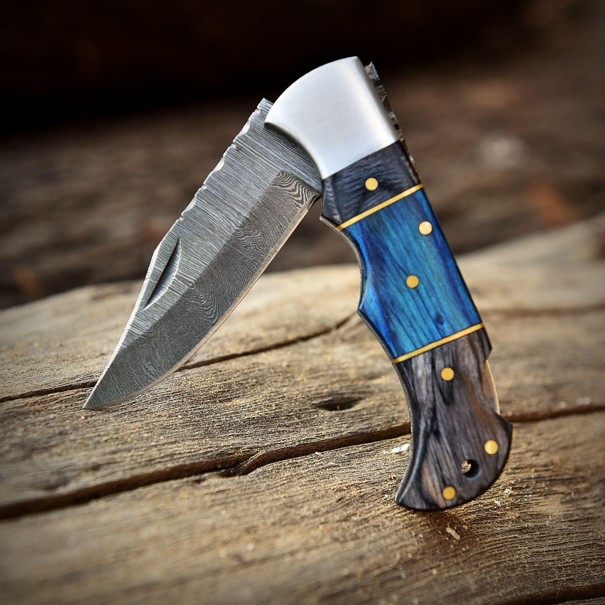 Poshland Damascus Steel Folding Knife – 3'' Blade with Blue Pakka Wood Handle, Ideal for Camping