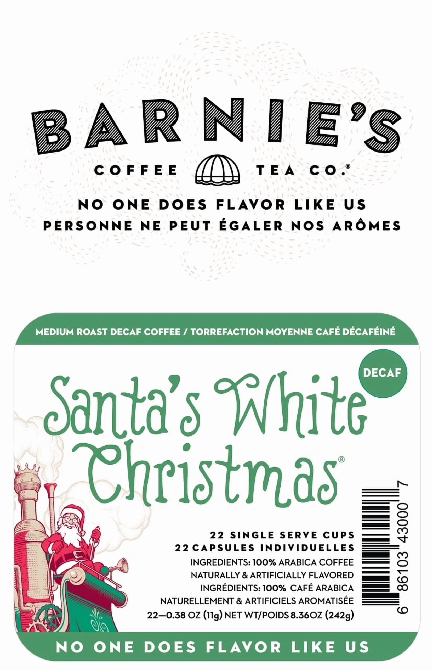 Barnie's Coffee & Tea Co. Santa's White Christmas Decaf Single Serve Coffee Cups, Coconut Caramel & Vanilla, Medium Roast Pods Compatible with Keurig Brewers, 24 Count per Box, 2 Boxes