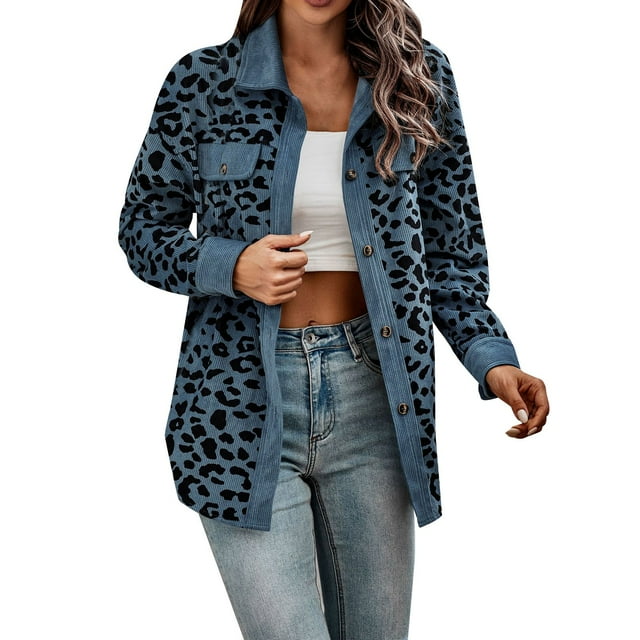 Women's Casual Leopard Print Corduroy Jacket Long Sleeve Button Down Shirt Oversized Coat With Pockets Stylish Comfort