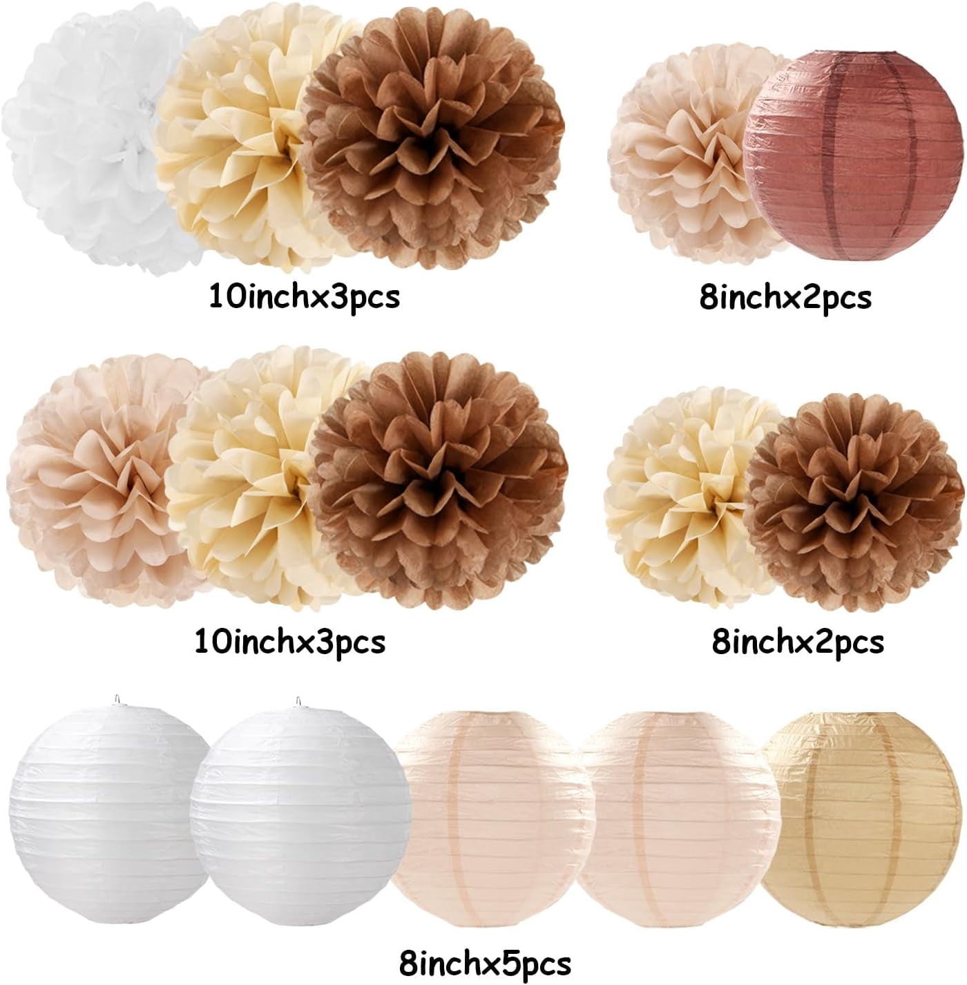 NestE-Boho Rustic Wedding Party-Decorations Paper Flowers Lanterns - 15PCS Fall Baby Shower Gender Neutral Streamers,Brown Champagne White Tissue Pom Poms,Autumn Birthday Bridal Decor