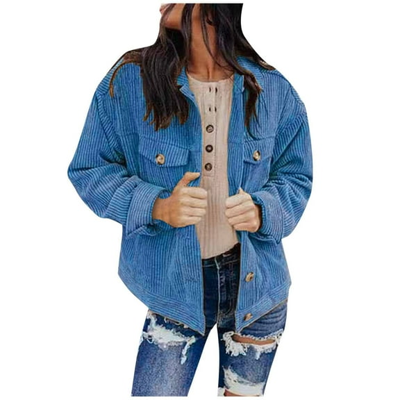 Womens Jacket Women Button Corduroy Jacket Solid Pocket Long Sleeve Hoodie Cardigan Warm Coat Shearling Jacket Women Blue L