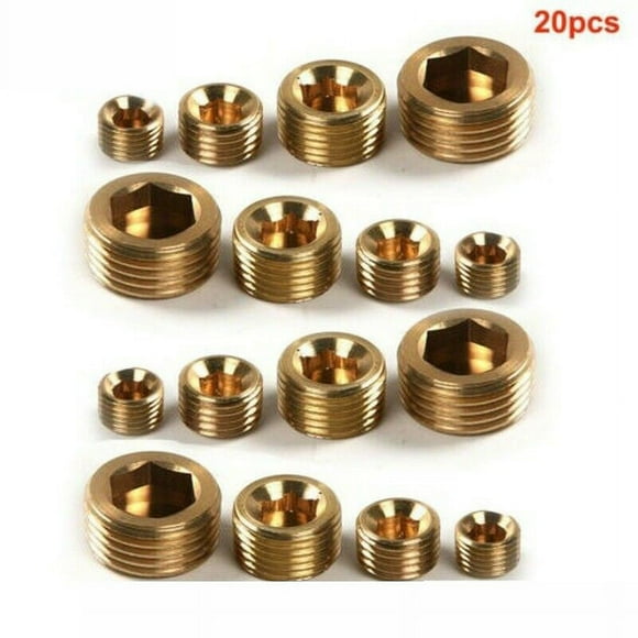 20pcs 1/8 1/4 3/8 1/2 Inch NPT Brass Internal Hex Thread Socket Pipe Plug Set