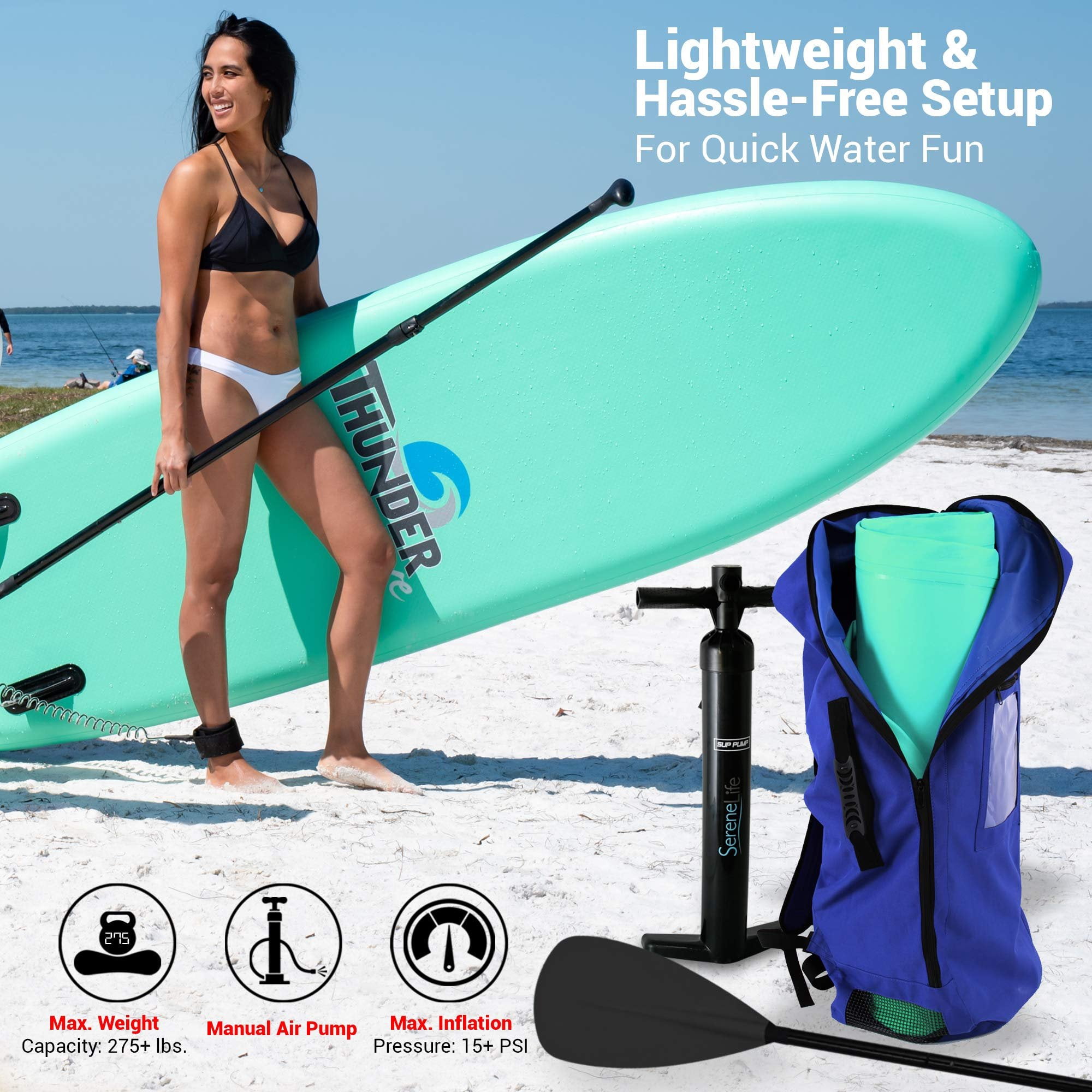 SereneLife Inflatable Stand Up Paddle Board - Wide Stable Design, Non-Slip Deck for Adults & Youth with Premium Paddle Board Accessories: Carry Bag, Dual Action Pump, Paddle, Ankle Leash - 10'