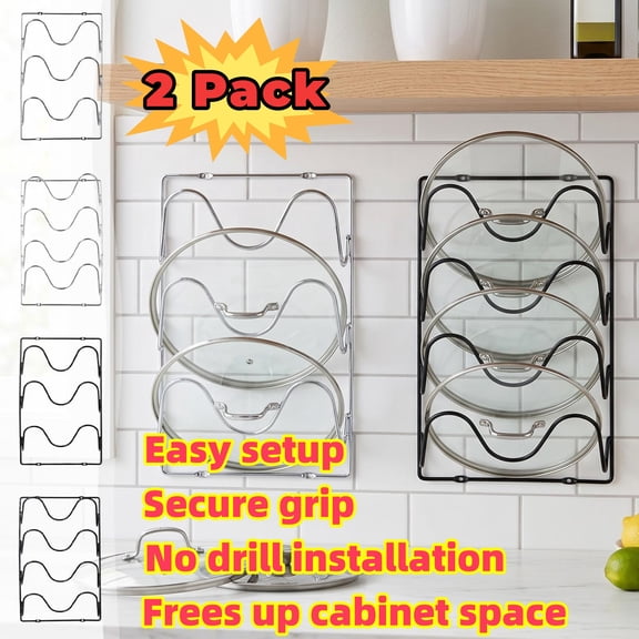 Pot Lid Organizer Rack for Cabinet Door, 6-Tier No Drilling Pot Lid Holders Inside Cabinet for Kitchen Storage, Shape A