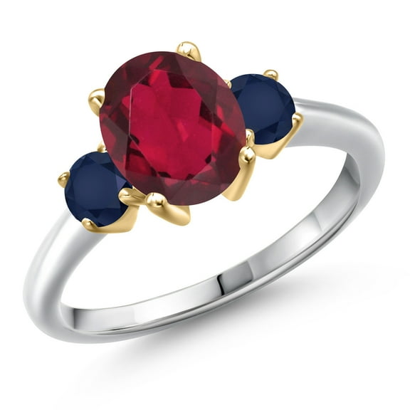 Gem Stone King 10K Two Tone Gold Ruby Red Mystic Quartz and Blue Sapphire Engagement Ring for Women | 2.50 Cttw | Oval 9X7MM | Gemstone Birthstone | Size 9