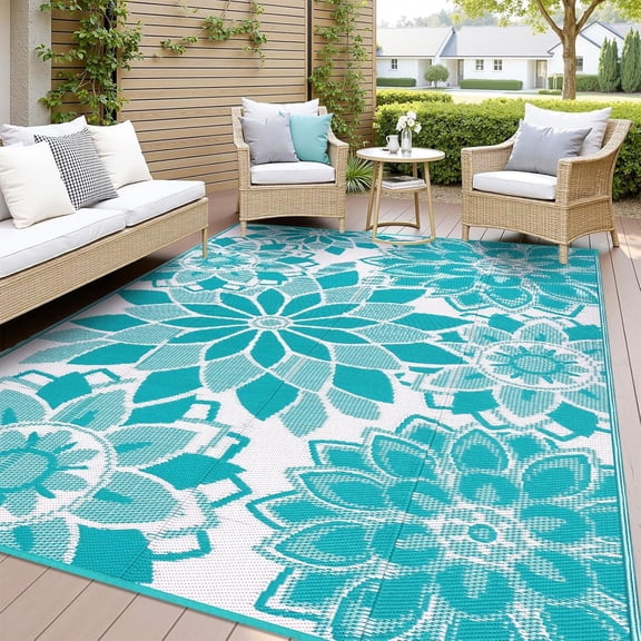 Findosom 8'x10' Outdoor Rug Patios Rug Waterproof RV Outdoor Rug Camping Rugs Reversible Plastic Straw Rug Large Outdoor Mat Outdoor Area Rug for Camping,Balcony Apartment,Patio,Picnic,Beach Teal