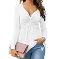 thumbnail image 2 of Women Long Sleeve Slim Fit V-neck Solid Color Knot Shirt Tops, 2 of 4