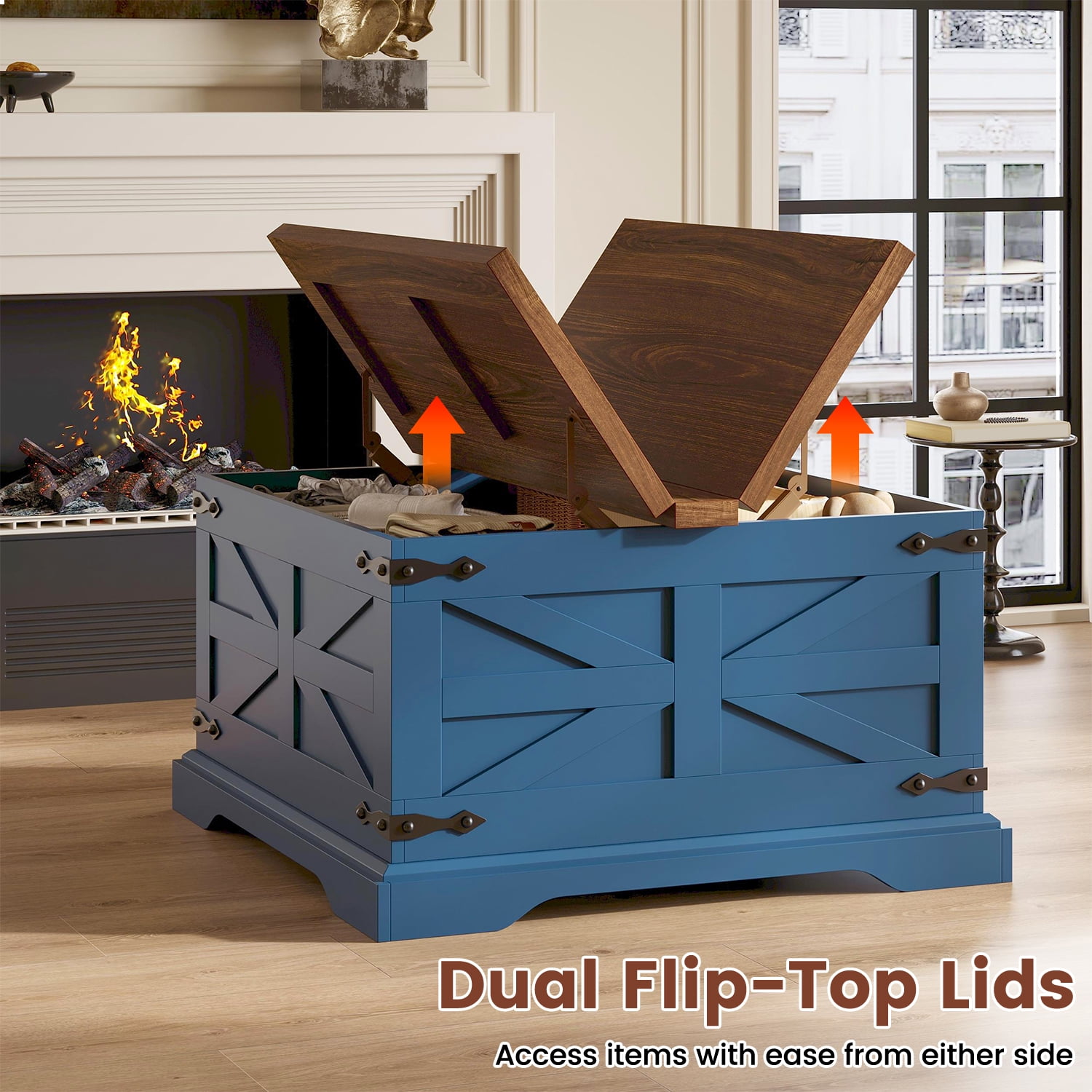 Frmobepts Farmhouse Coffee Table, Square Wood Center Table with Storage and Lift Top, Metal Corners for Living Room, Blue