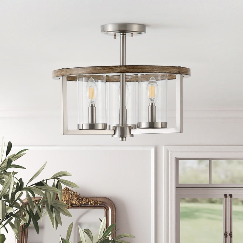 Aiwen Farmhouse Semi Flush Mount Ceiling Light, 3-Light Nickle Ceiling Fixture with Clear Glass Shades for Dining Room, Living Room & Restaurant