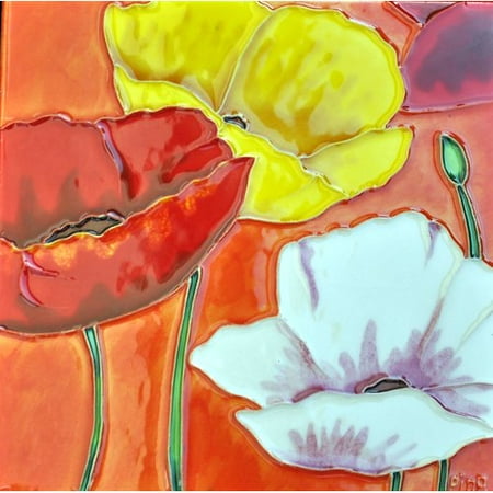 Continental Art Center 3 Poppies with Orange Background Tile Wall Decor