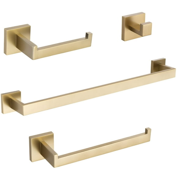 TURS Brushed Gold Bathroom Accessory Set 4-Pieces Bathroom Hardware Set Square Towel Bar Set Stainless Steel Towel Holder Set