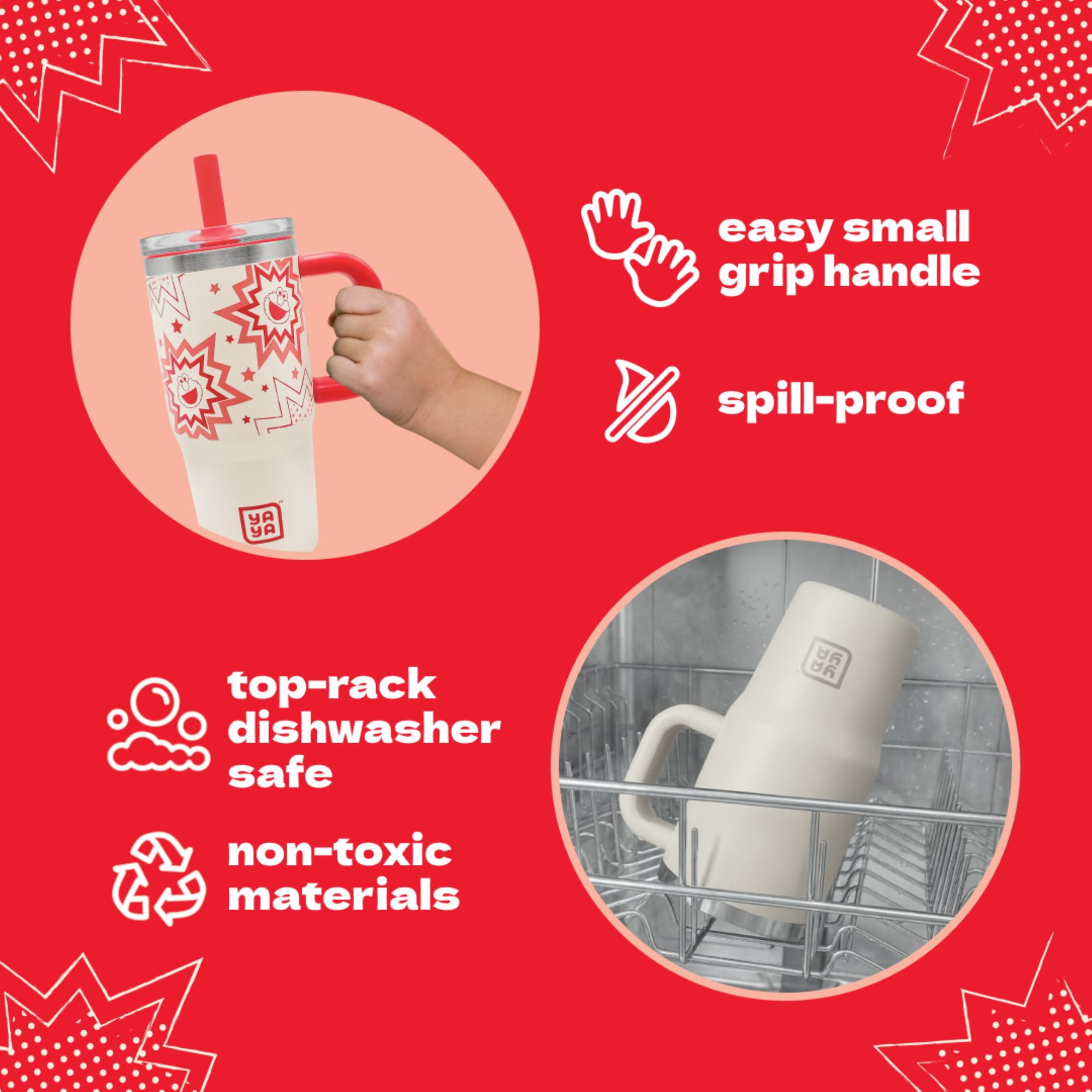 YAYA My First Travel Tumbler for Preschool & Kids 3+, Insulated Stainless Steel Tumbler with Reusable Silicone Straw & Spill-Proof Lid, Cup Holder Compatible, BPA-Free, 12oz, Sesame Stree Elmo