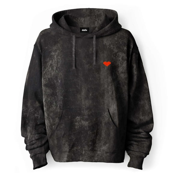 Dalix Pixel Heart Embroidered Fleece Hoodie Mineral Wash Long Sleeve Sweatshirt Mens in Black 2XL XX-Large