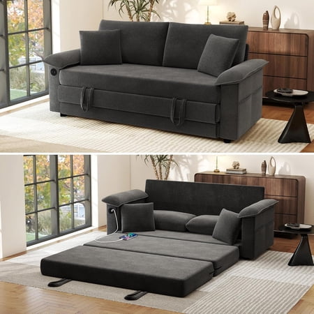 Convertible Queen Size Sleeper Sofa Bed, 70.9" Wide Modern Couch With 2 Pillows And Charging Port For Guest Room, Living Room, RVs