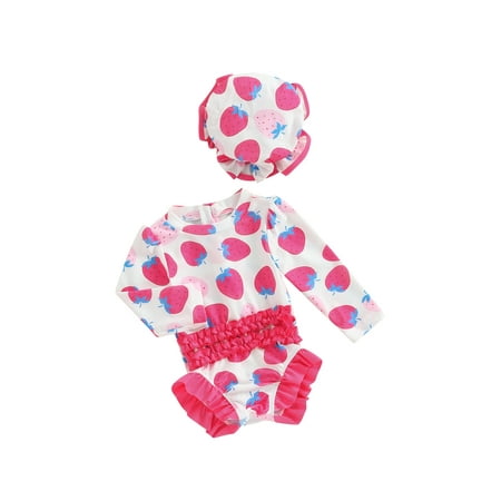 

FEORJGP Toddler Baby Summer Swimsuit Kids Girl Cute Swimwear Long Sleeve Jumpsuit Round Neck Rompers Strawberry Print Bodysuit Ruffle Bathing Suit with Swimming Cap Girls Fashion Beach Wear