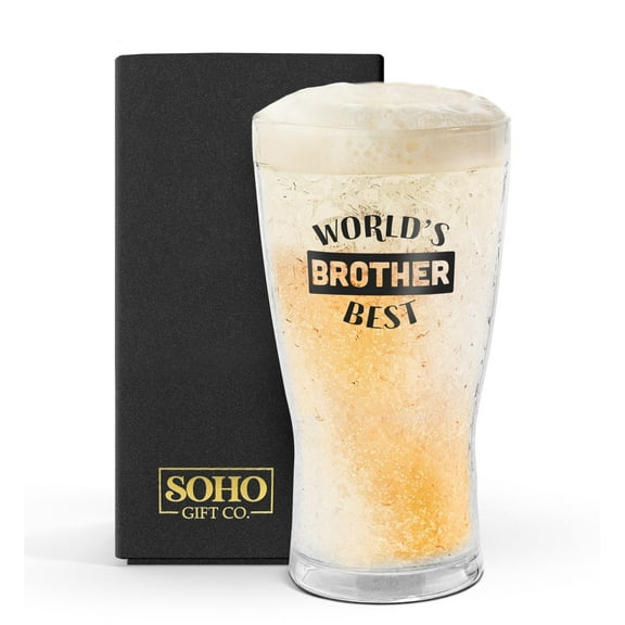 SoHo Freezer Cup Gift for Brother, Double Walled Chiller Mug for Iced Cold Drinks - Insulated 14oz Frozen Pint Drinking Glass for Christmas / Birthday "Worlds Best Brother" (Gift Boxed)