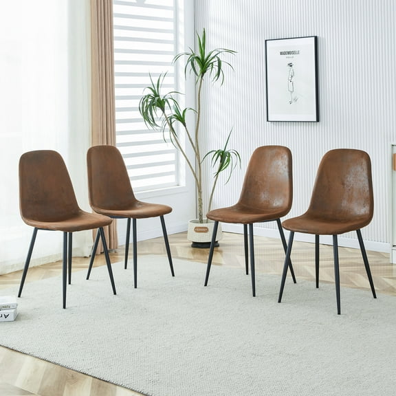 Noble House Luxury 34.5" Dining Chairs, Suede Fabric Upholstery, Black Metal Legs, High Resilience, Brown, Set of 4