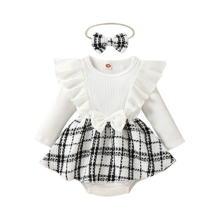 

Genuiskids Newborn Baby Girls Romper Dress Set Casual Ruffle Long Sleeve Plaid Jumpsuits Headband
