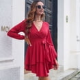 thumbnail image 3 of Vestido de mujer Laklulu con escote en V profundo, manga larga, lazo en la cintura, volantes, minivestidos estilo patinador - Claret, Claret, M, 3 of 6