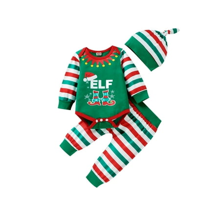 

Canrulo 3Pcs Newborn Baby Girls Boys Christmas Clothes Striped Long Sleeve Romper+Pants +Hat Autumn Outfits Green 3-6 Months