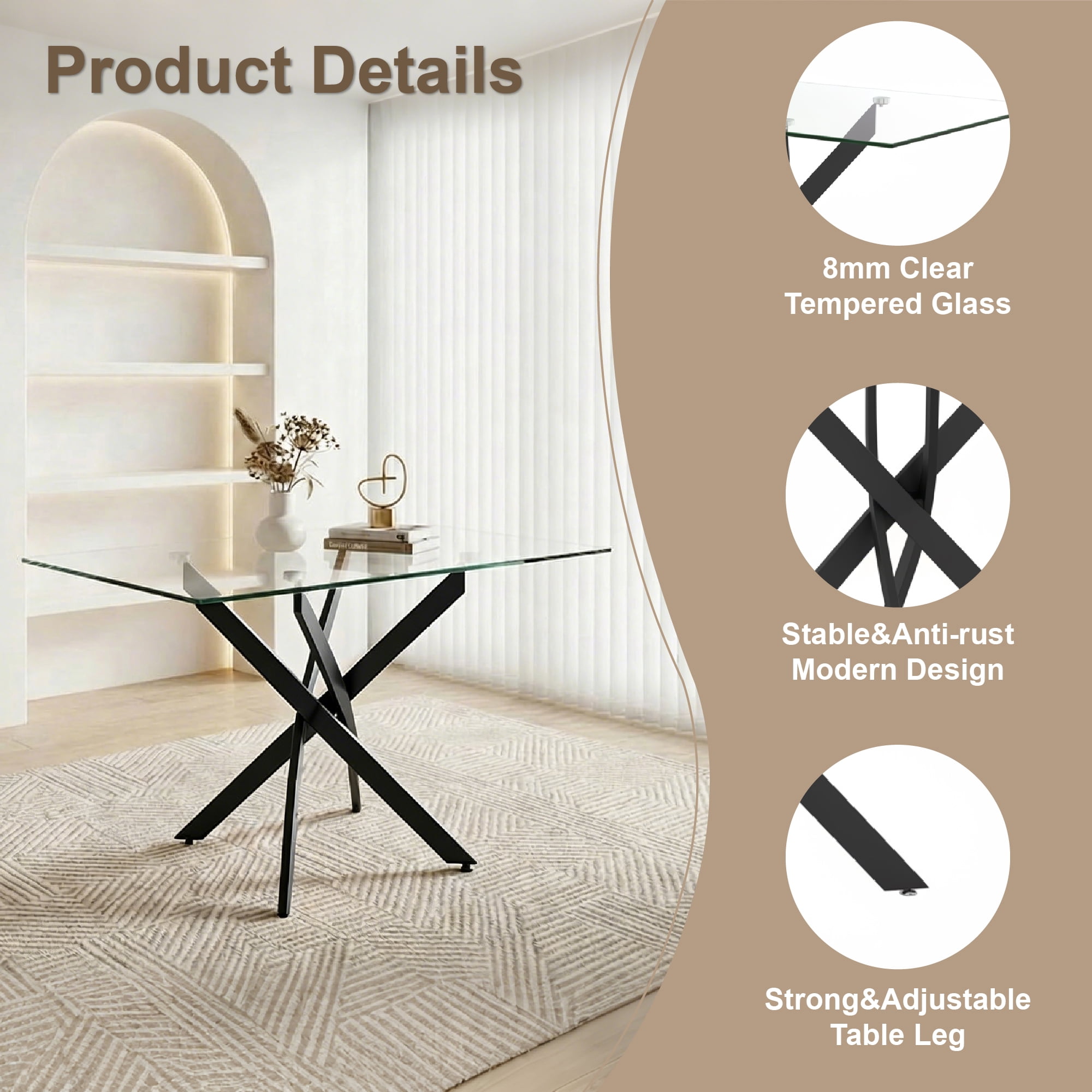 Garitin Dining Table and Rectangular Glass Top Kitchen Table 47.24 Inch, Modern Center Table with Black Metal Legs for Dining Room, Black