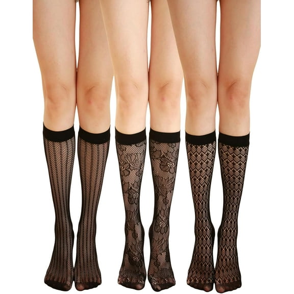 Zhengup Women's 3pairs Floral Lace Over The Calf Socks Sheer Fishnet Long Socks