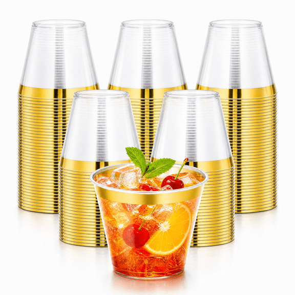 Goodluck 50 Count 9 oz Disposable Plastic Cups, Gold Rim Party Drinkware for Weddings and Celebrations