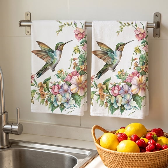 AMARHH Floral Hummingbird Kitchen Towels 2 Pack, Printed Cloth Dish Towel Set Highly Absorbent, Non Scratch Reusable Kitchen Hand Towel for Home