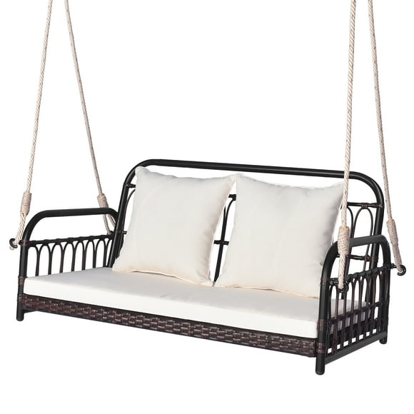 Gymax Wicker Porch Swing 2-Person Outdoor Patio Hanging Chair w/ Cushions Mix Brown