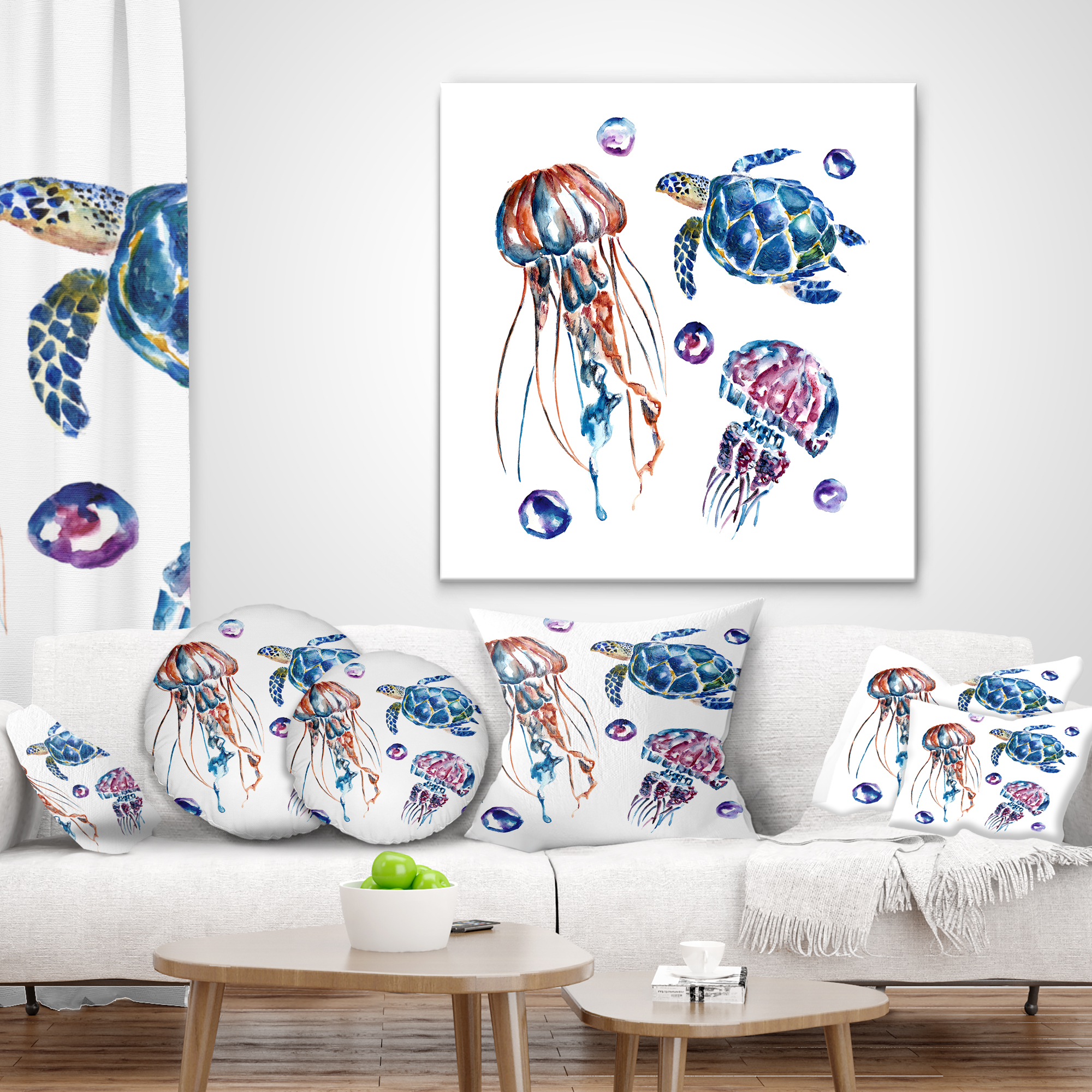 Designart Colorful Jellyfish and Turtles - Animal Throw Pillow - 18x18