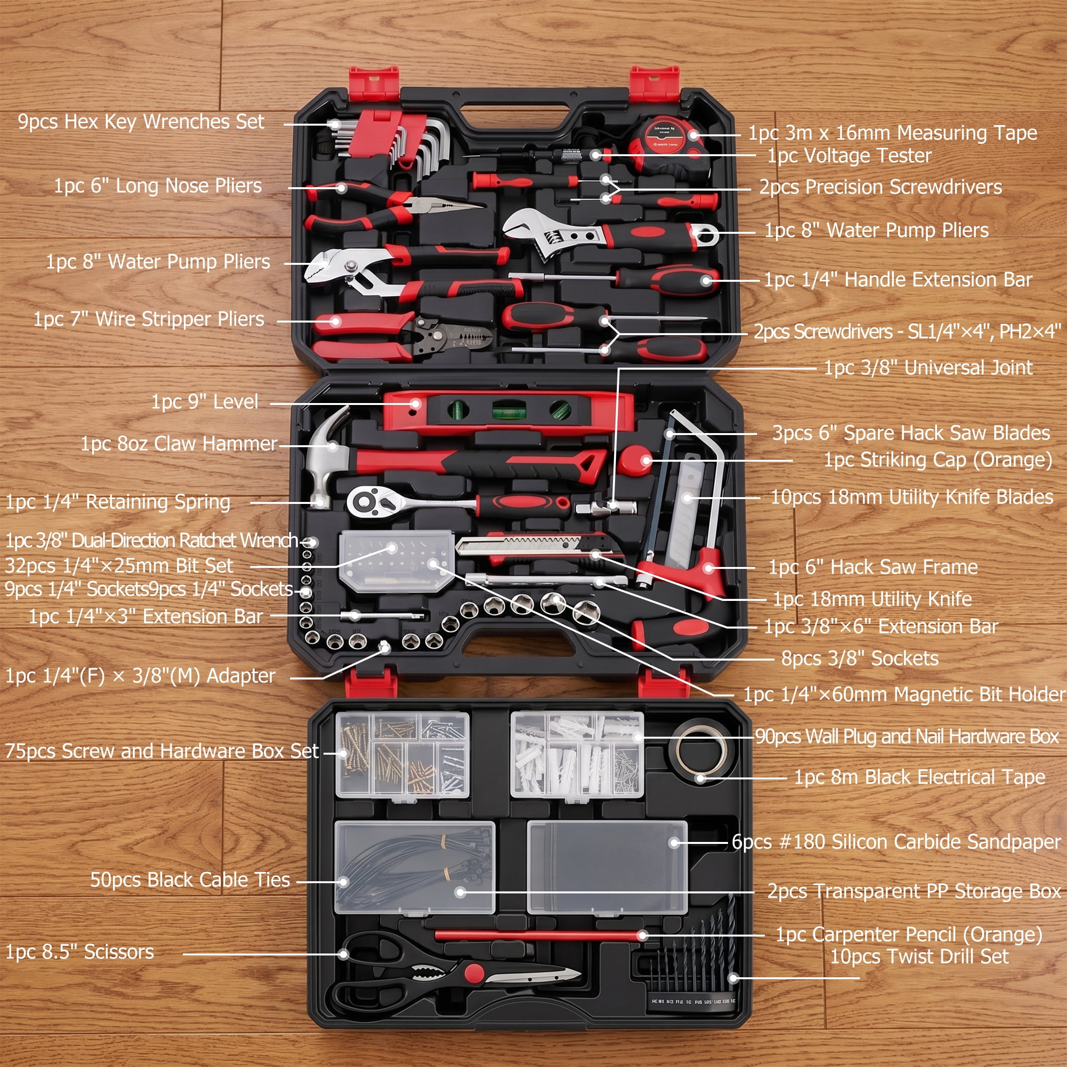 EDX 330-Piece Household Tool Set, Universal Home and Auto Repair Tool Kit with Drawer Toolbox Storage, Black and Red