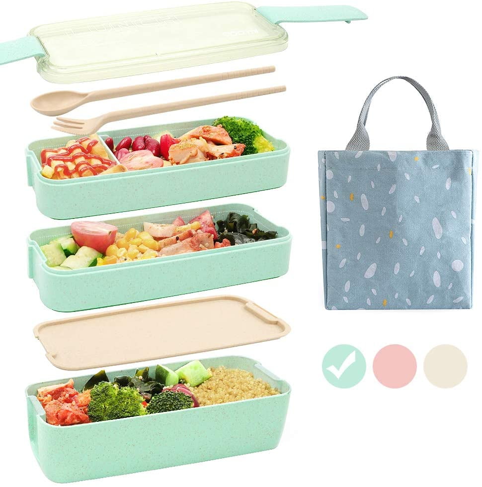 3-In-1 Compartment Leak-proof Green 11 PCS Bento Box Japanese Lunch Box Kit 