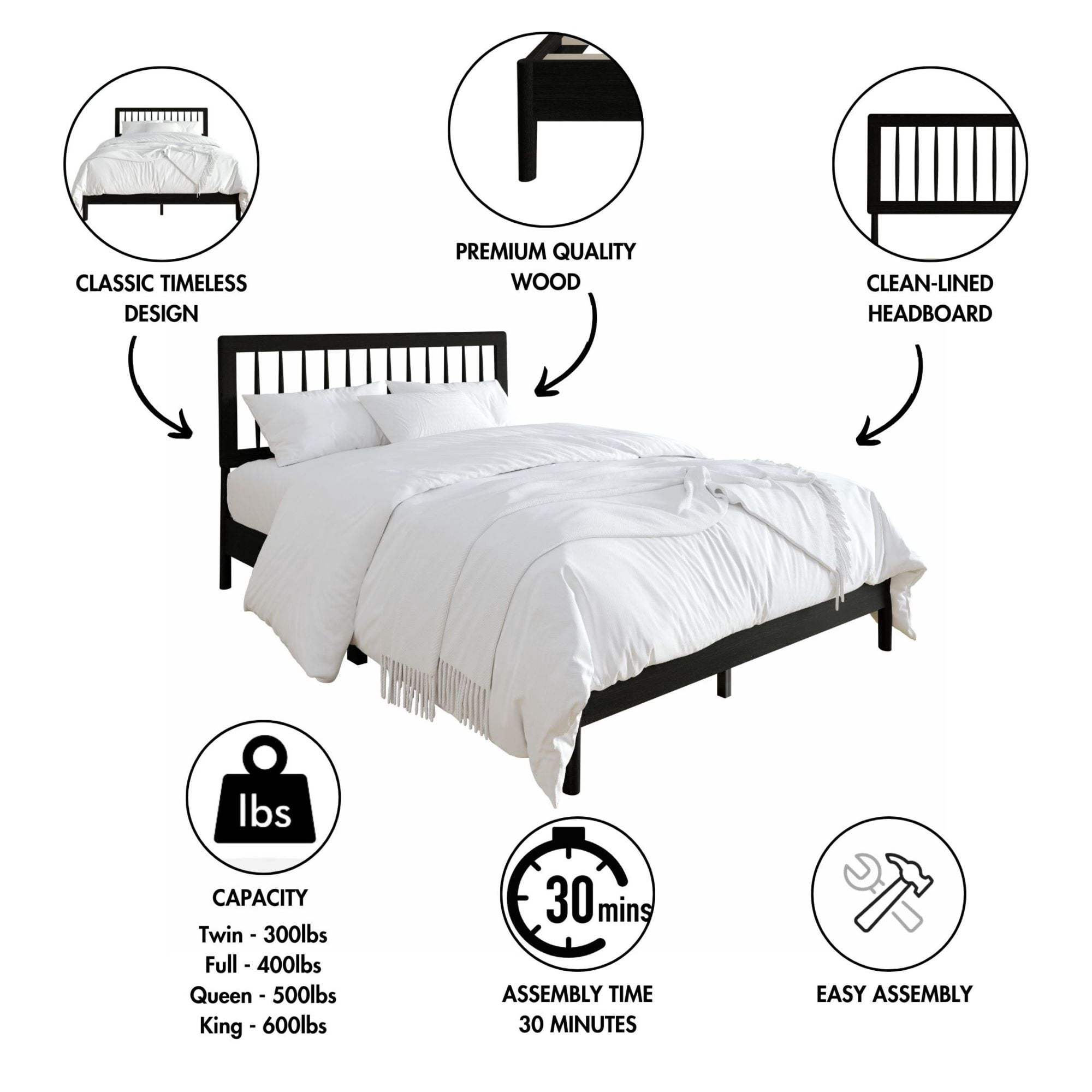 Home Design Galena Full Wood Platform Bed Frame with Vertical Spindle Headboard, Black, Easy Assembly