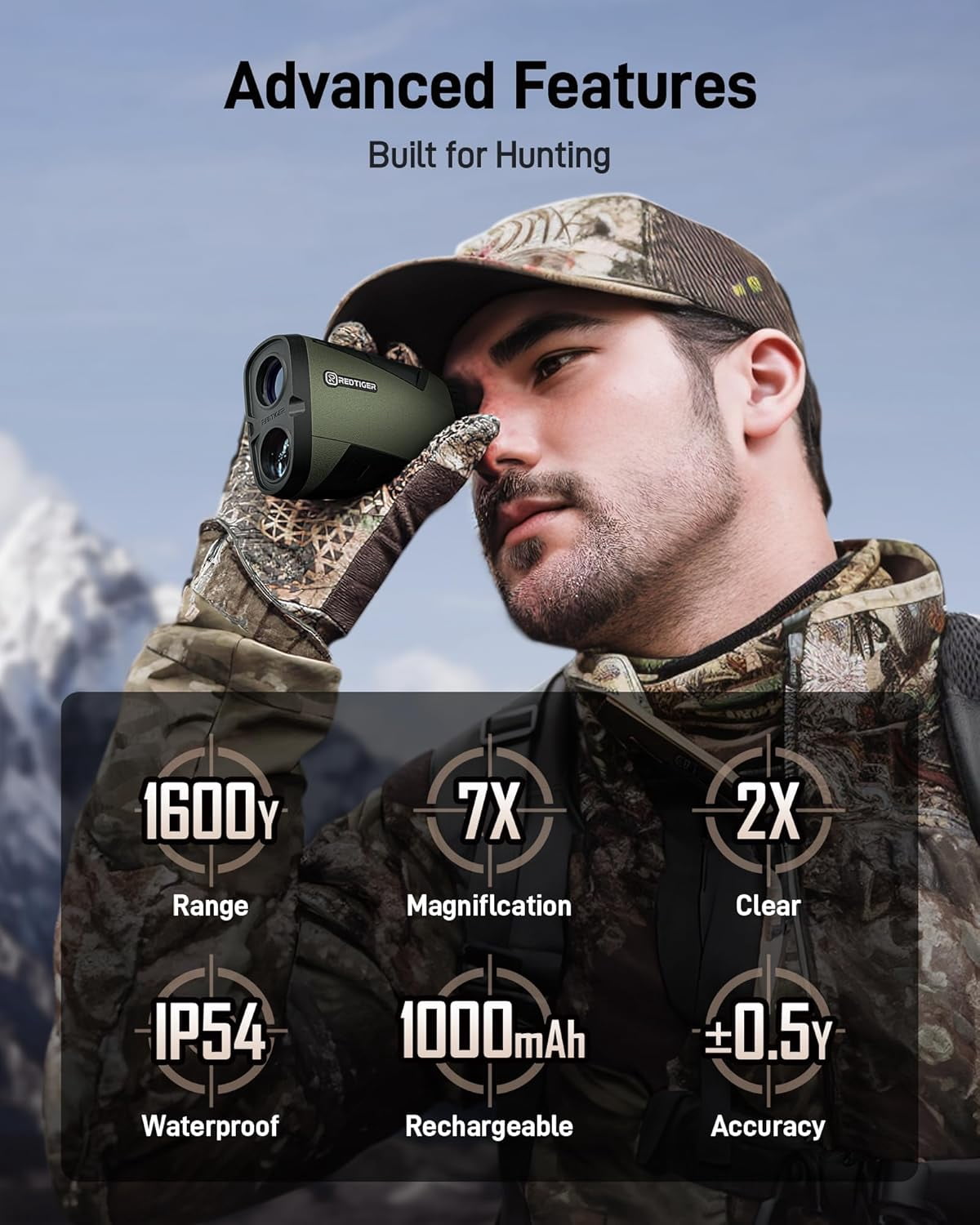 REDTIGER Range Finder for Hunting, 1600 Yards Laser rangefinder, 7X Magnification, Waterproof, Clearer and Accurate on Angle&Speed Measurement, Rechargeable for Bow Hunting, Shooting, Archery