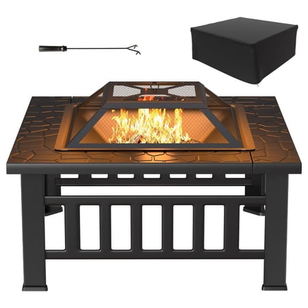 32-inch Outdoor Patio Metal Multifunctional Firepit Table with Waterproof Cover for Camping Party Picnic BBQ Backyard Garden Outside Heating black