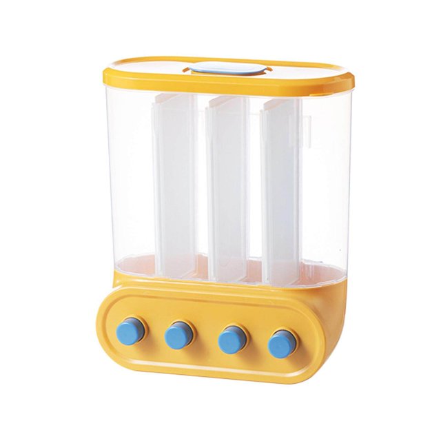 pitrice Wall-Mounted Dry Food Storage Dispenser Grains Rice Box Candy Organizer 4 Grid Yellow