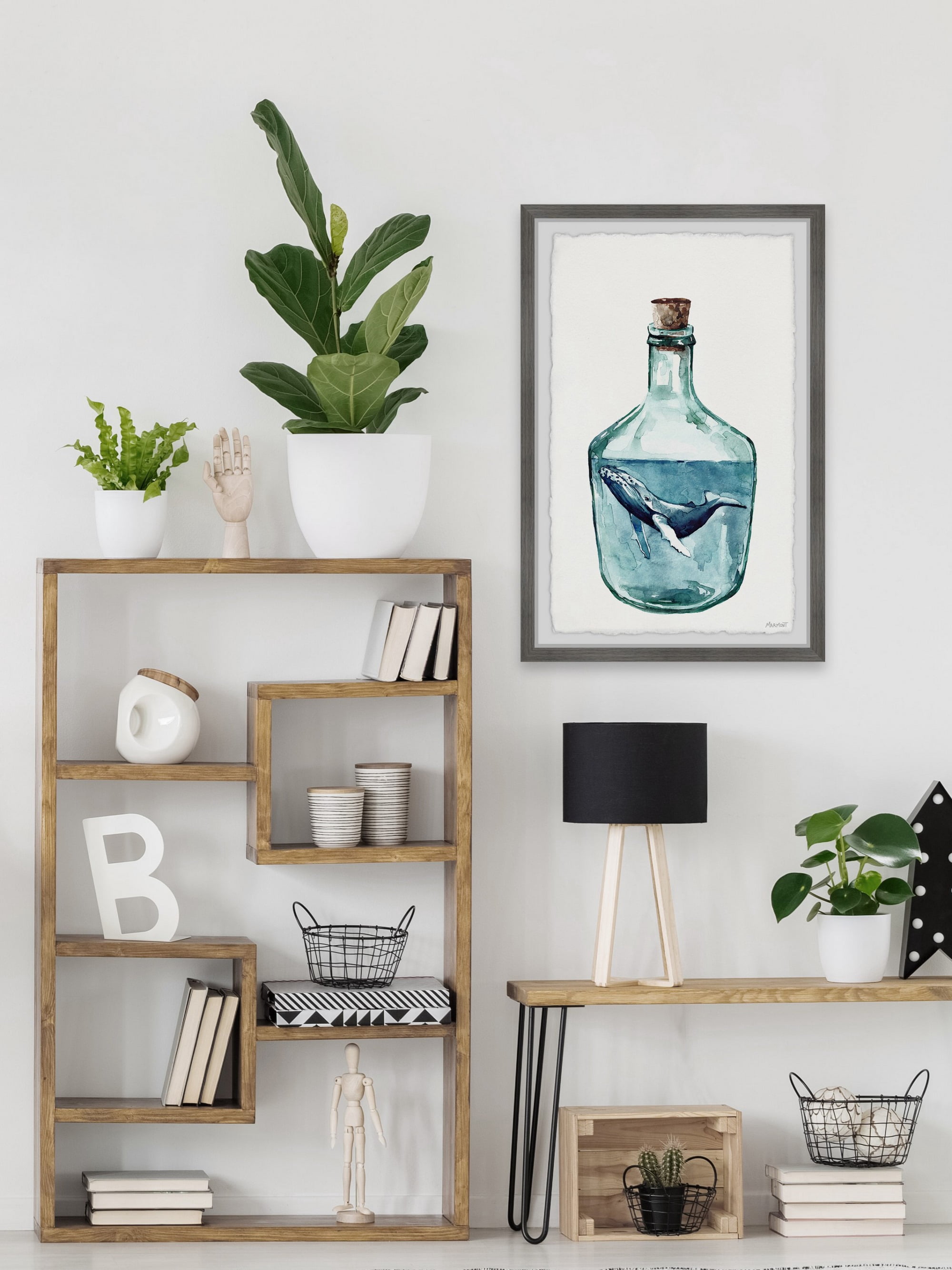 Marmont Hill Whale in the Bottle Framed Wall Art, 1.50" x 8.00"