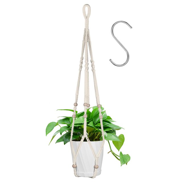 Juego De 1 Cesta Colgante De Macramé, Cesta Colgante De Cuerda De Algodón Maceta Colgante Para Plantas, Jardín, Sala De Estar, Exterior, Balcón, Ventana, Decoración De Pared De Balcón. Afortunado Sencillez