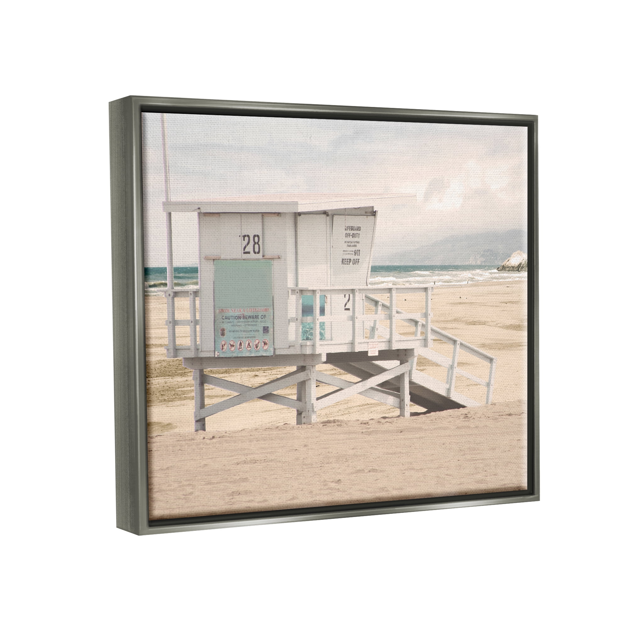 Stupell Industries Lifeguard Hut on Beach Landscape Photography Gray Floater Framed Canvas Art Print Wall Art, 21 x 17